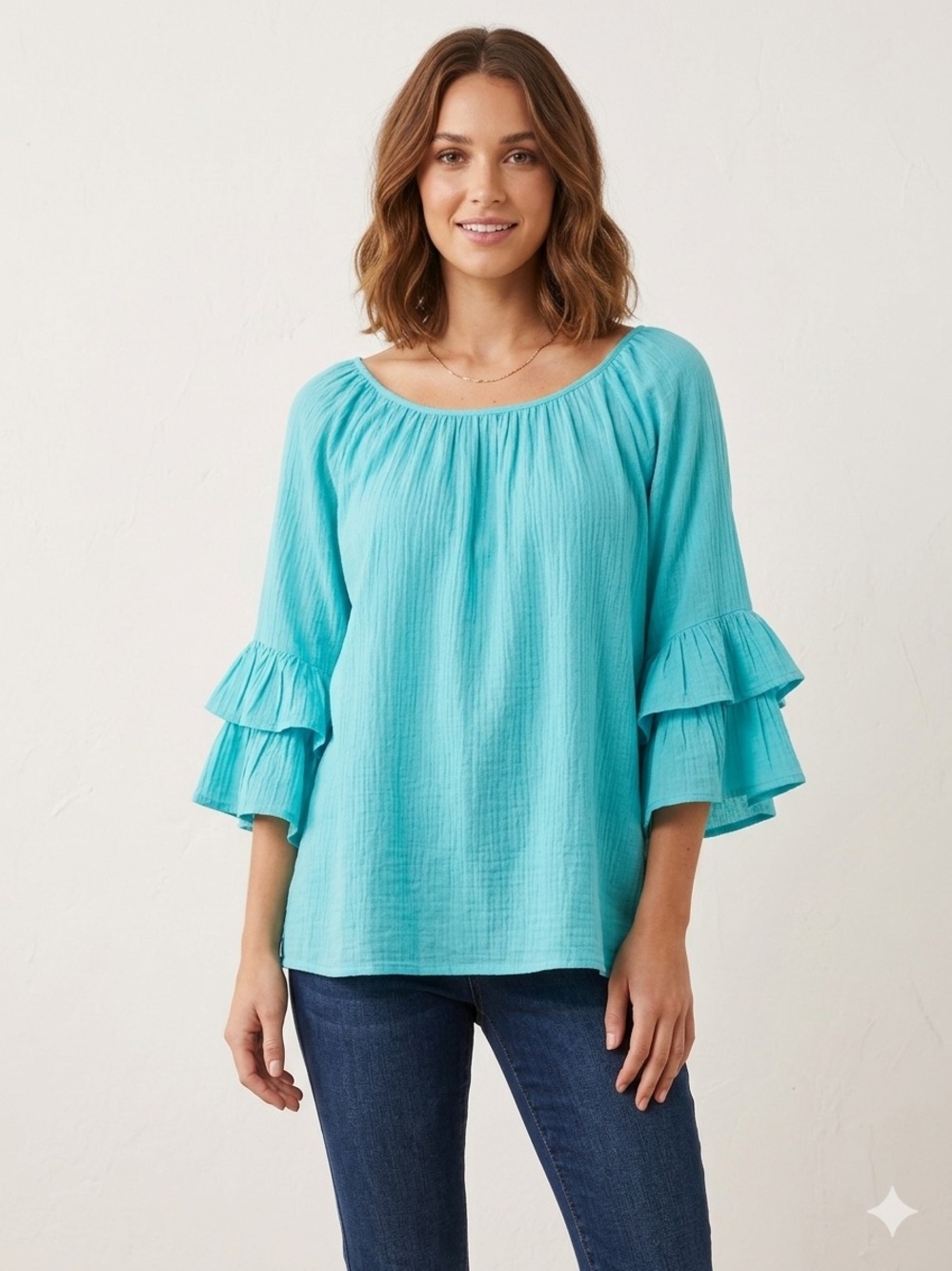 ORIENTIQUE  Naturally Ruffled Bell-Sleeve Peasant Top in Turquoise